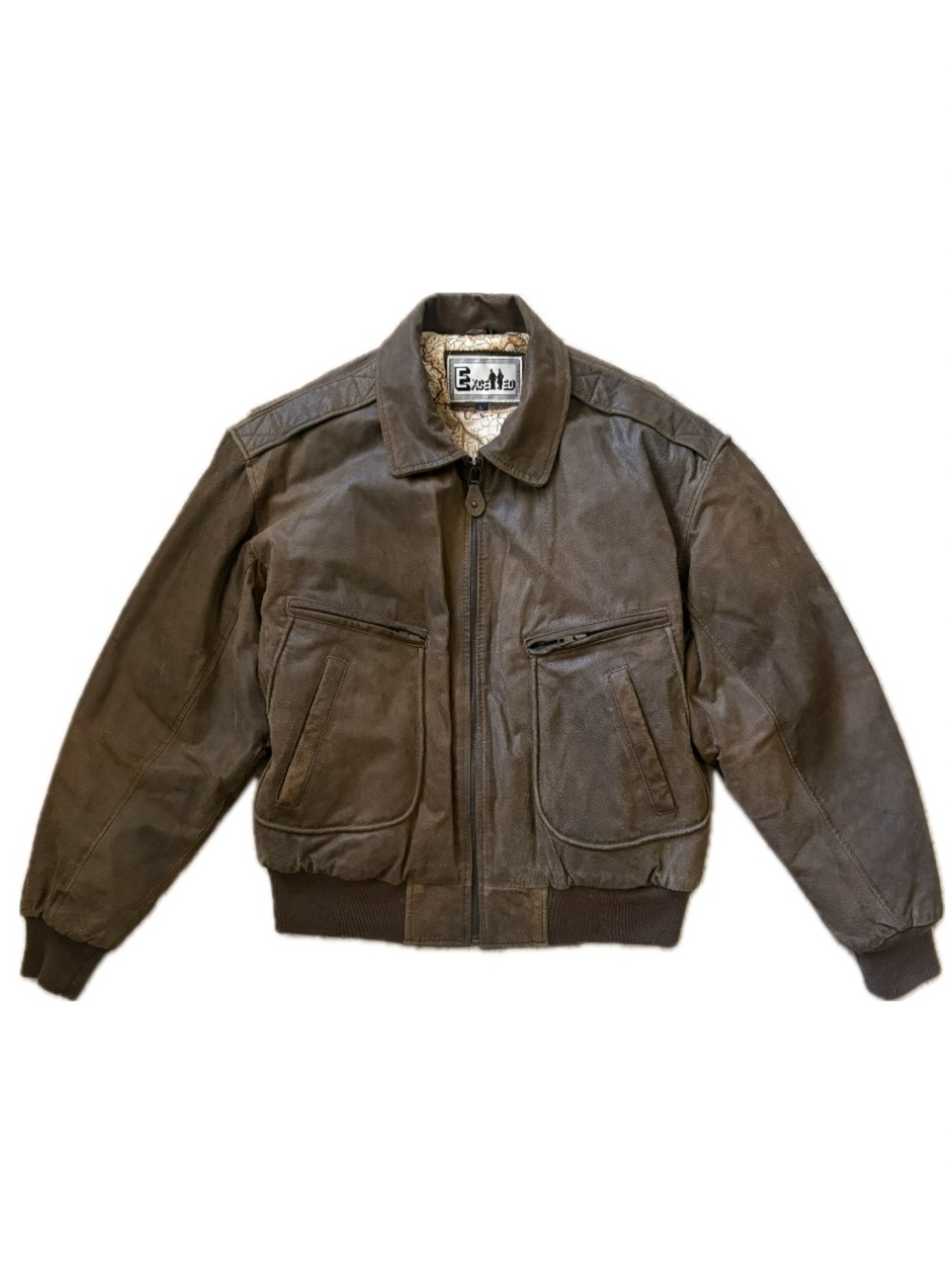 Vintage Excelled Leather Pilot Aviator Flight Bomber Jacket Brown Map Lining L
